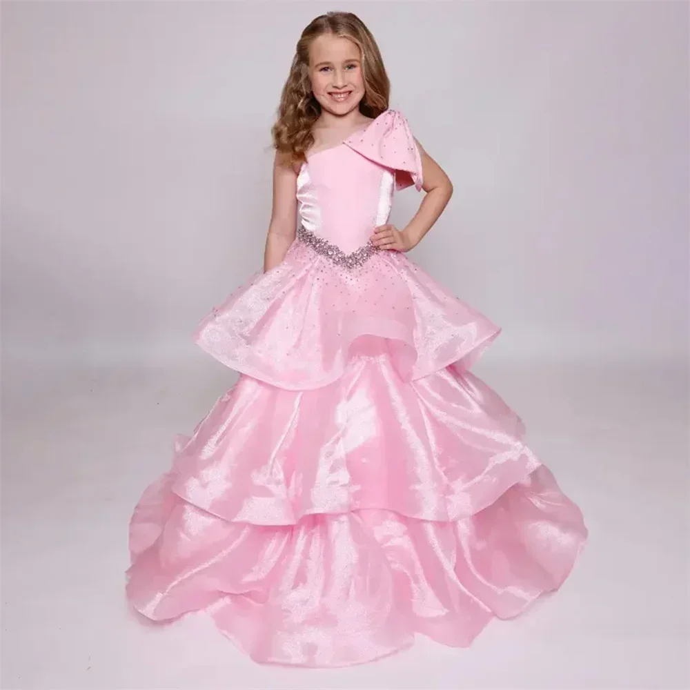 

Shiny Crystal One Shoulder BOw Sleeveless Pleat Communion Flower Girl Dress Floor Length Sweep Train Formal Wedding Party Gown