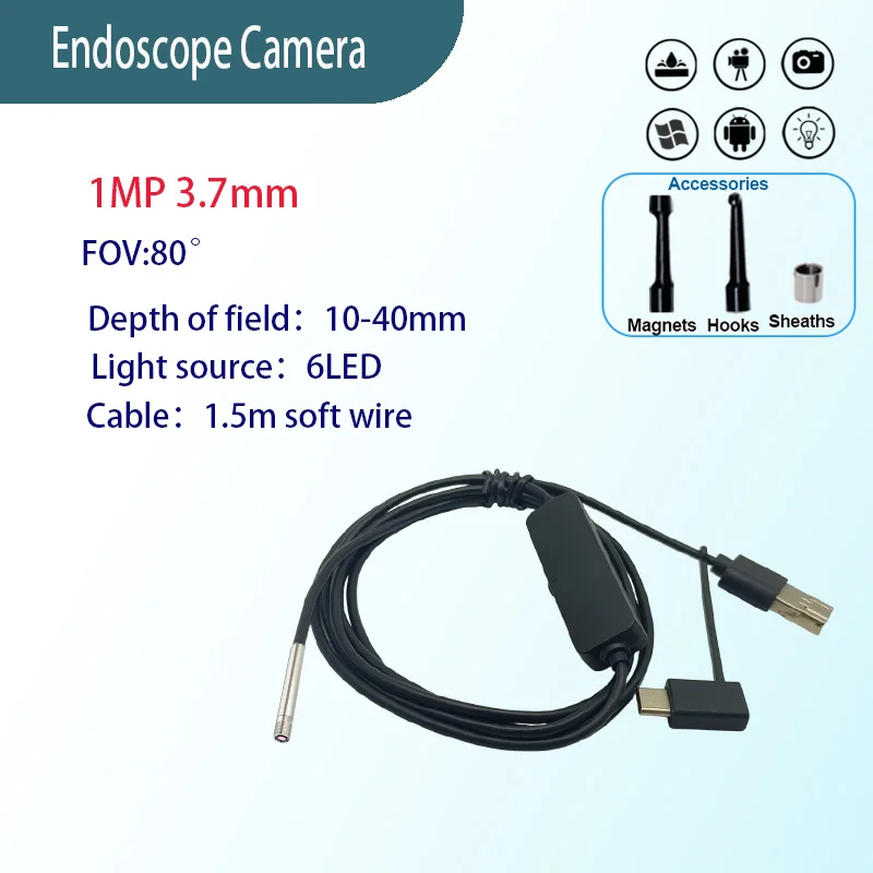 1MP 3.7mm 80° Macro Endoscope Industrial Pipeline Inspection 1.5m USB soft wire endoscope probe with accessories