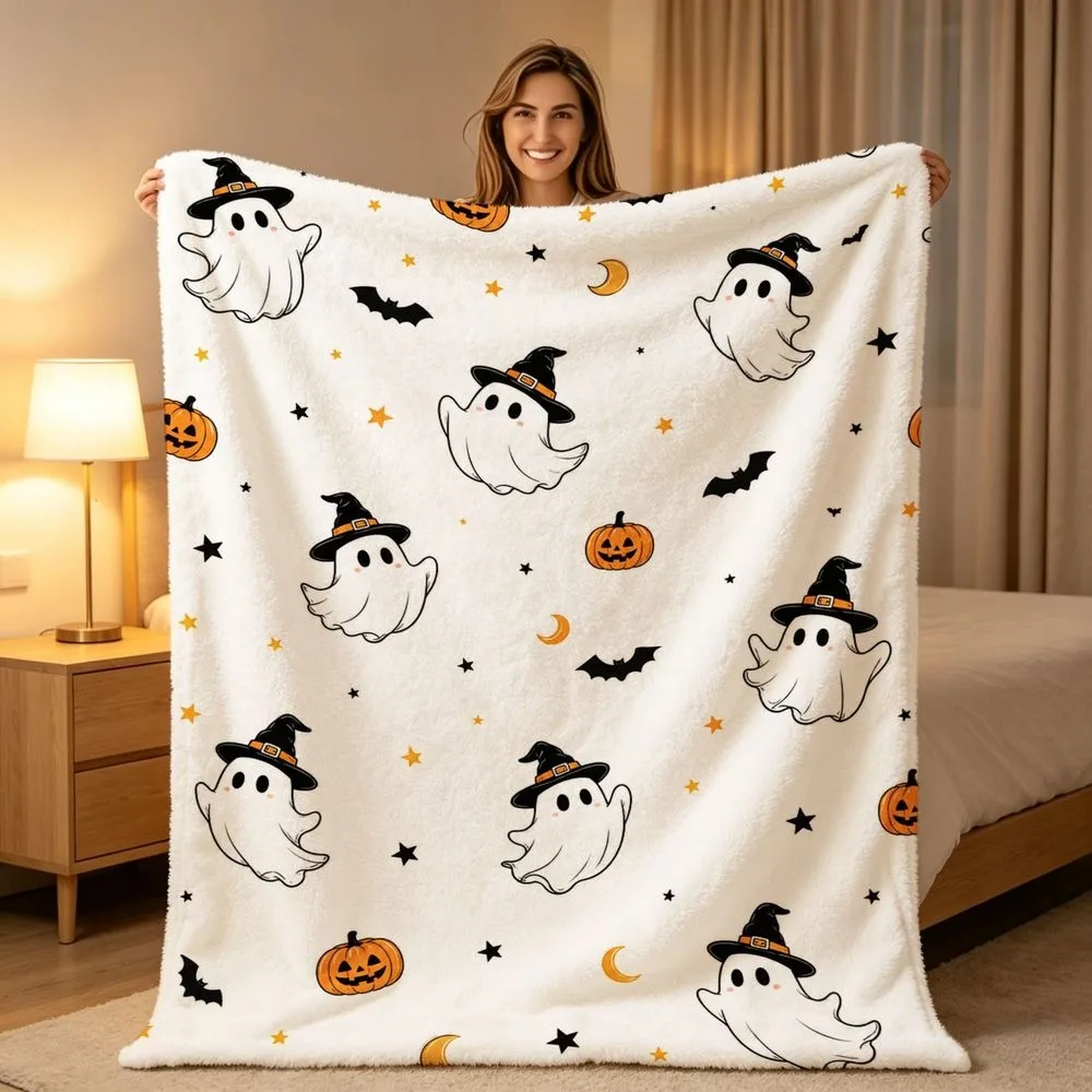 Cute White Witch Hat Ghost Pumpkin Throw Blanket Plush Couch Cover For Adorable Halloween Night Home Decor Gift