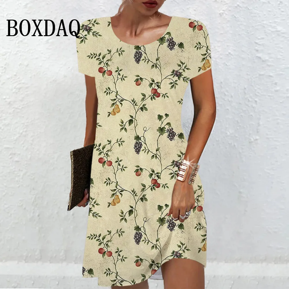 3D Floral Fruit Women's Dress Summer Vintage Short Sleeve Pullover Ladies Mini Dress Casual Print Plus Size Female New Sundress