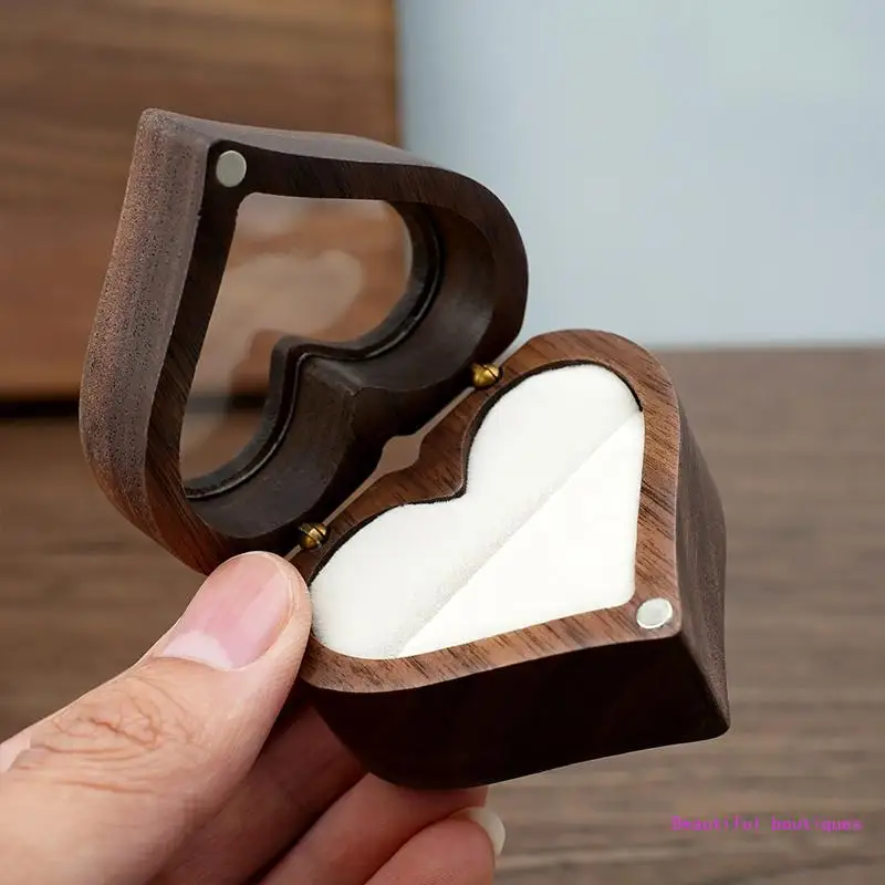 Wedding Love Ring Box Walnut Pair Ring Storage Packaging Gift Box Heart-shaped Wooden Box Ear Stud Earrings Jewelry Box DropShip