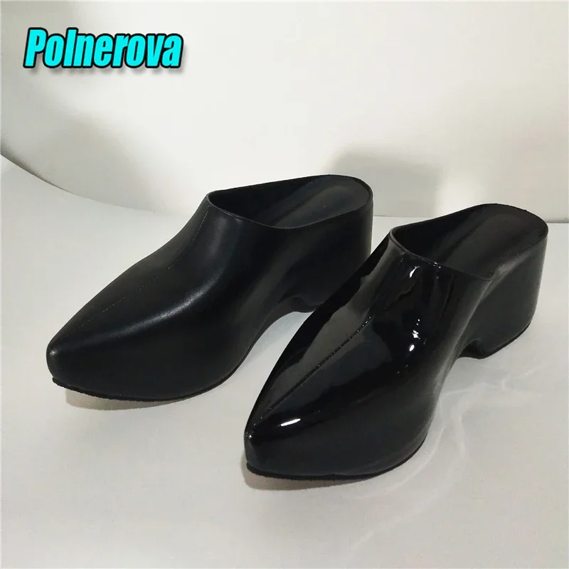 Pointed Toe Platform Slippers for Women Men Brand Design Thick Sole Chunky Heels Mules Unique Black Patent Leather Runway Shoes