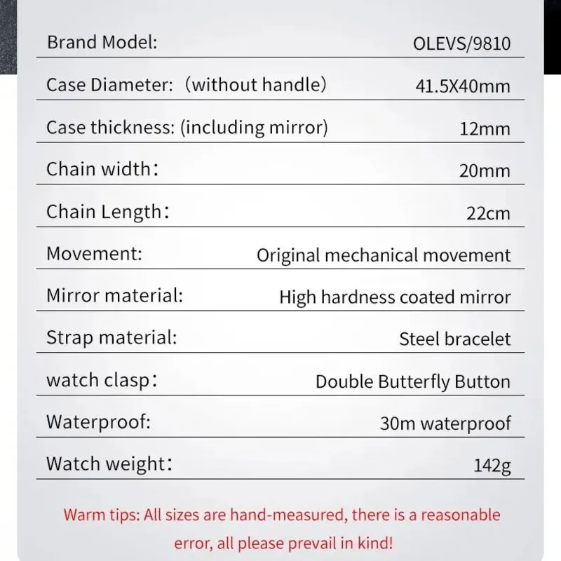 OLEVS Men Popular Brand Automatic Mechanical Watch Fashion Original Square Calendar Waterproof Luminous Luxury Men Watch 9810