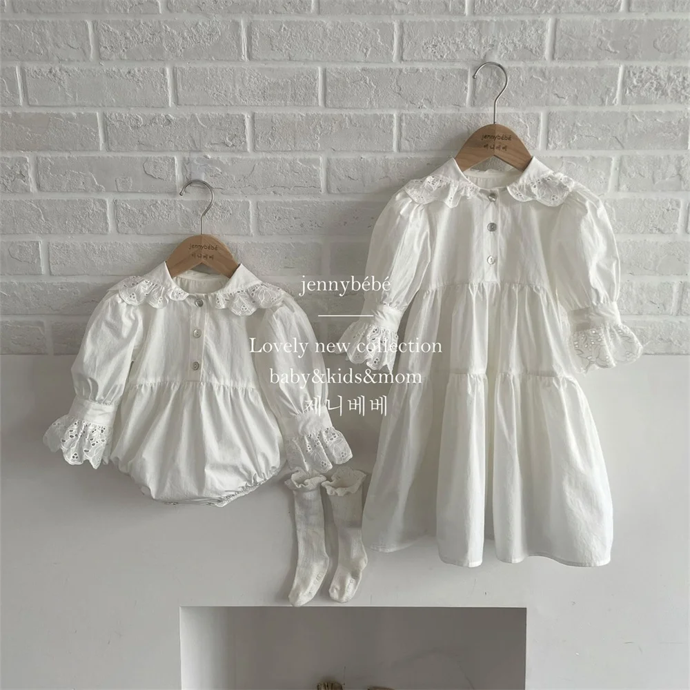 

White Lace Embroidery Princess Petal Collar Bodysuit Korean Style Baby Girl Spring 2023 New Infant Clothes Kids Dresses 0-6Years