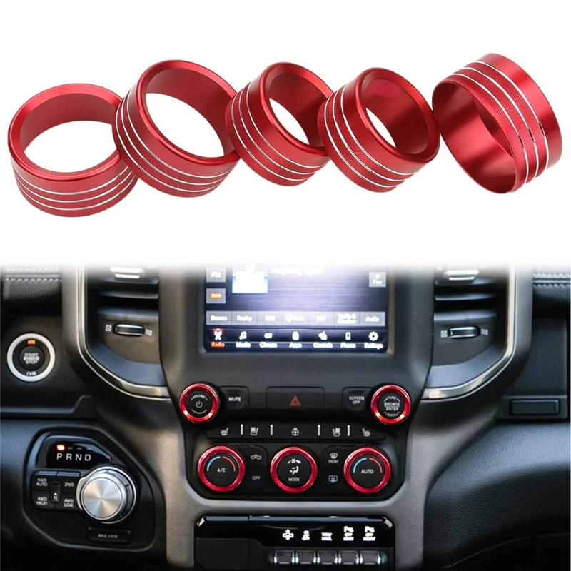 For Dodge Ram Accessories 2018-2021 Control Knob Cover AC/Volume/Mode/AUTO/Browse Switch Decor Button Trim,Red 5PCS