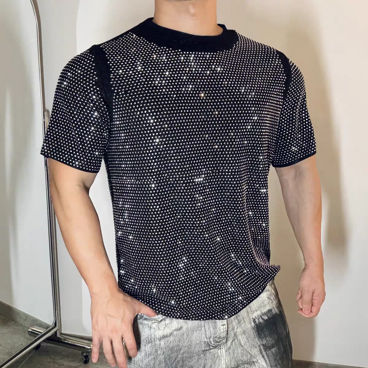 Men's New Crew Neck Drop Shoulder Glitter Short Sleeve T-shir Summer Party Stage Rave Tops Men Dace wear