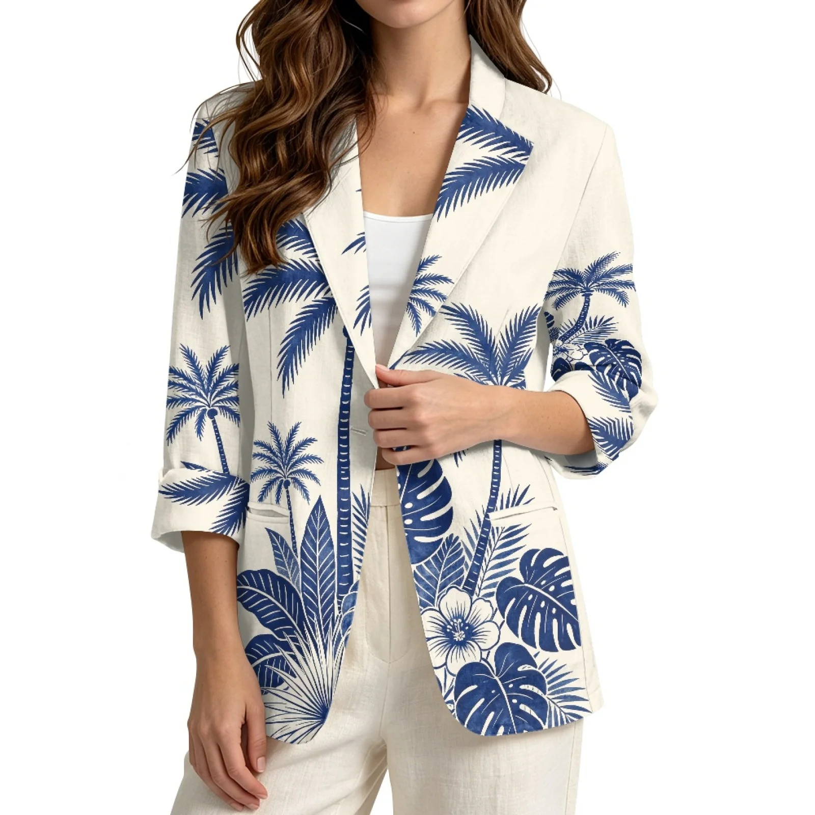 PENSTROLL Blue Tropical Palm Linen Style Open Front Top Cardigan Cover Up Jacket for Women Lightweight Outerwear