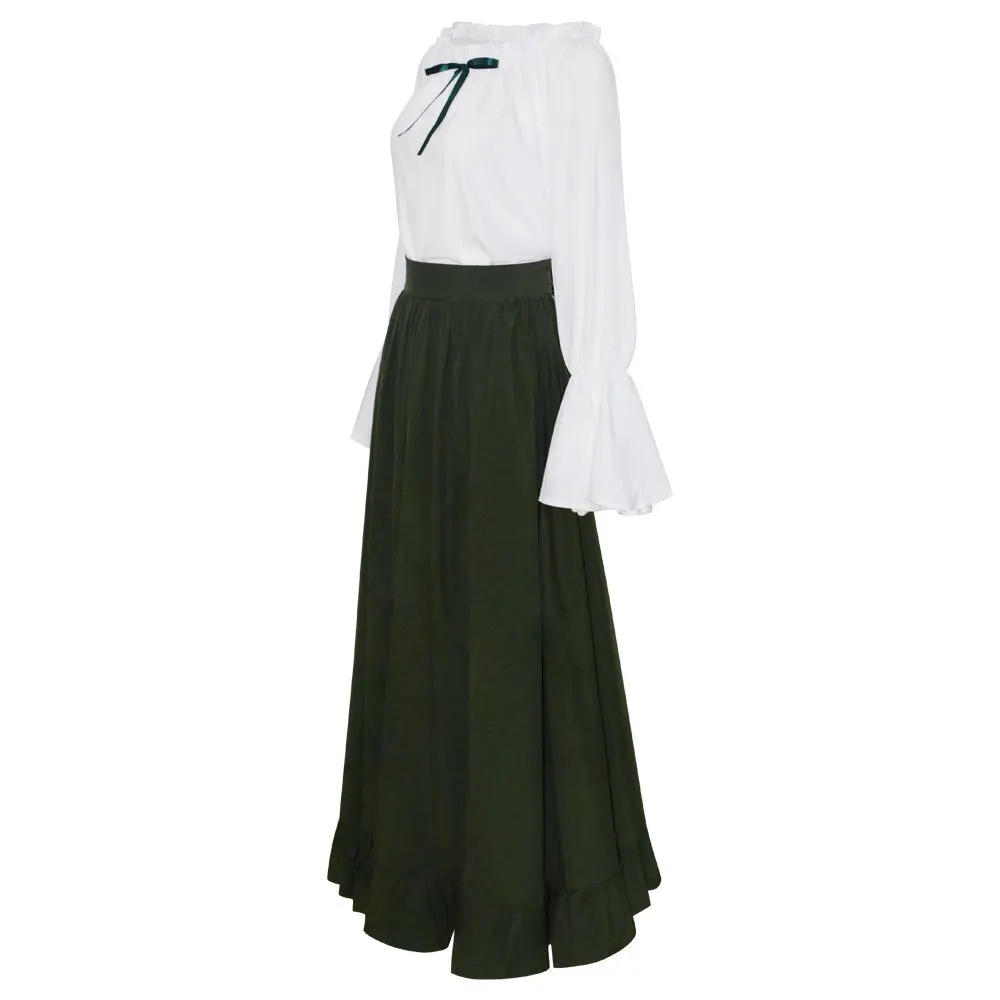Medieval Renaissance Women Dress High Waist Dresses Retro Solid Color Slim Fit O-neck Long Skirt+shirt image 4