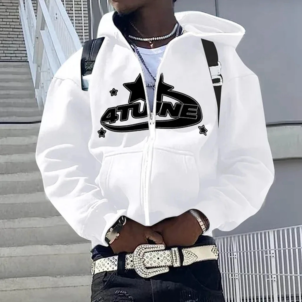 Zip Up Hoodies Warmth 4tune Letter Print Sweatshirts Trend Casual Hip Hop Hooded Mens Clothing Y2k Cardigan New In Sweatshirts