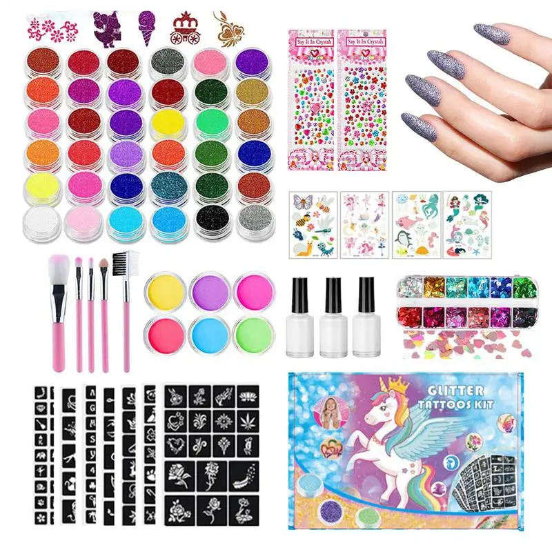 Juego de tatuaje luminoso con brillo de diamante, 36 colores, pegatina en polvo brillante, pincel de maquillaje, juego de tatuaje temporal para mujeres y niños