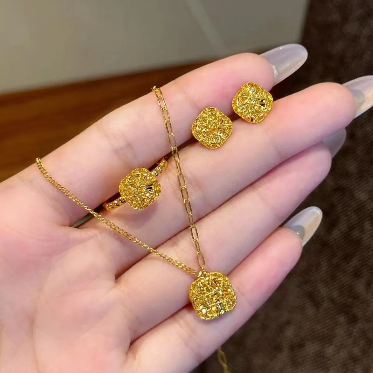 

Shiny Sugar Cube Jewelry Set For Women Gold Brushed Square Ring Pendant Necklace Earring Luxury Fashion Accessories PartyJewelry