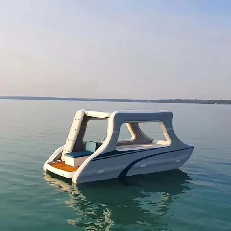 Newly Upgraded Water Drop Stitching Inflatable Lake River House Boat Island Floating Solar Electric Boat, Perfect For Lakes