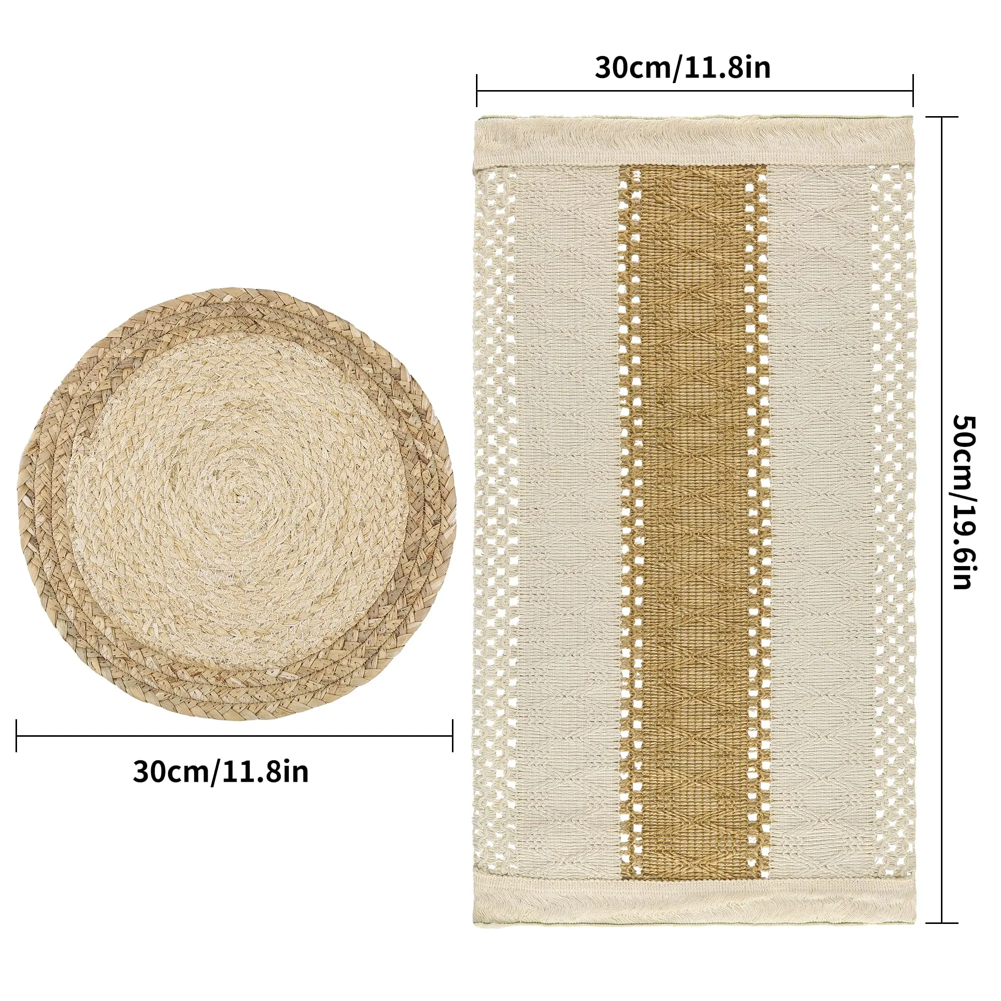 4/6 Set Handmade Boho Placemats  Natural Cotton Burlap Water Straw Woven Table Mats Farmhouse Style Placemats for Dining Table