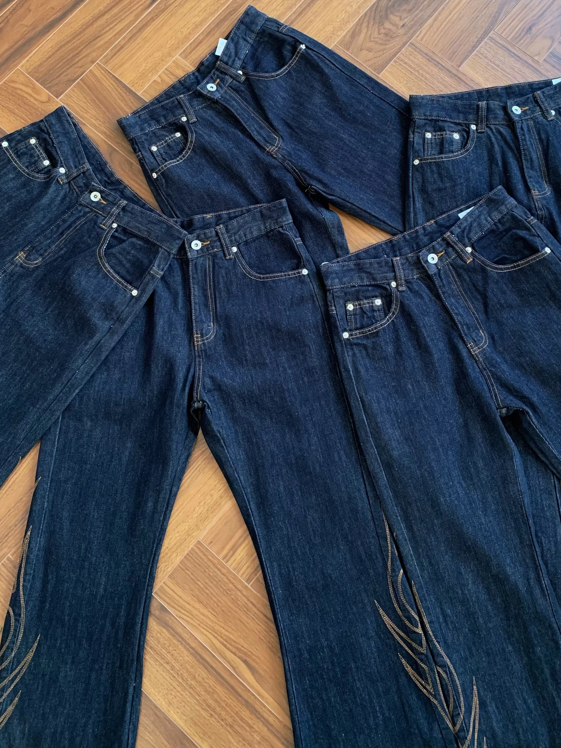 Washed Deep Blue American Vintage Totem Embroidery Flared Jeans Slim Fit Side Body Men's Long Pants mid Waist Button Spring