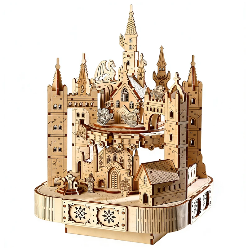 

3D Wooden Puzzle Magic Castle Rotatable Touring Train Music Octave Box DIY Assembly Model Mechanical Kit Toy Gift for Kids Adult