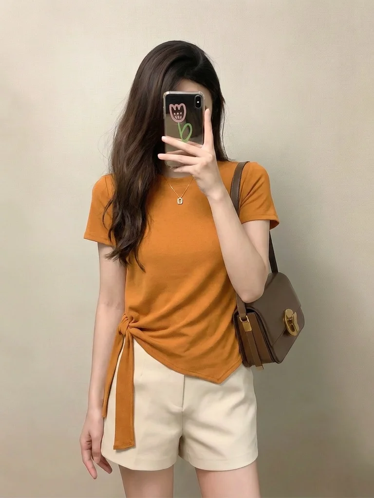 Orange Pumpkin Short Sleeve T-Shirt Women's Summer New plus Size Loose Fit Belted Waist Slimming Top Korean Style Commute