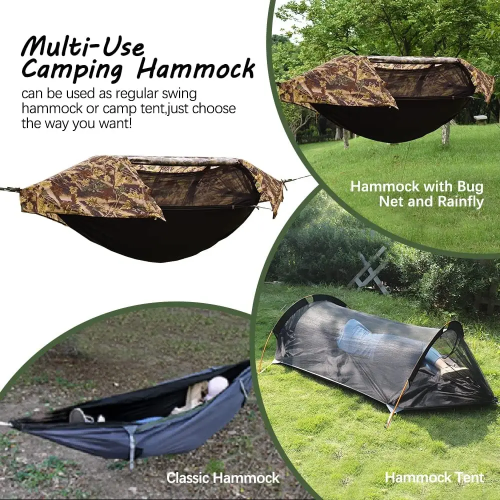 Camping Hammock with Net and Rainfly Cover, Lightweight Portable Hammock for Outdoor Backpacking Hiking Travel(Camouflage)