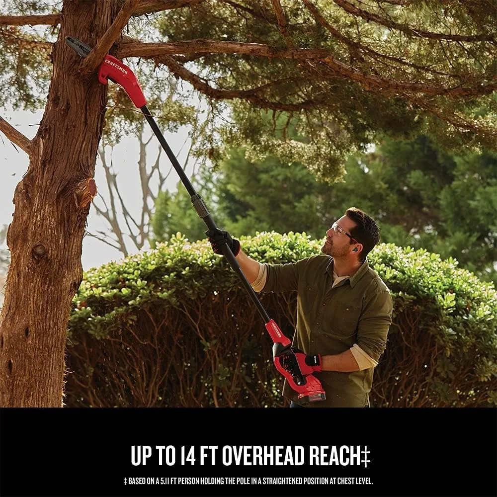 منشار عمود لاسلكي CRAFTSMAN V20، يصل إلى 14 قدمًا، أداة تشذيب الأشجار مع بطارية وشاحن، ما يصل إلى 325 قطعة على شحن واحد
