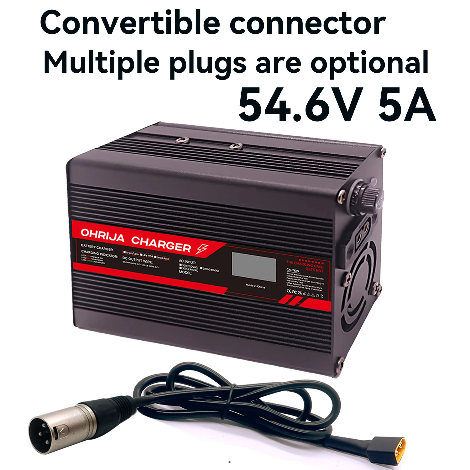 54.6V 5A Lithium Battery Fast Charger for 13S 48.1V OLED Display & Interchangeable Connector Fast stabilization with cooling fan