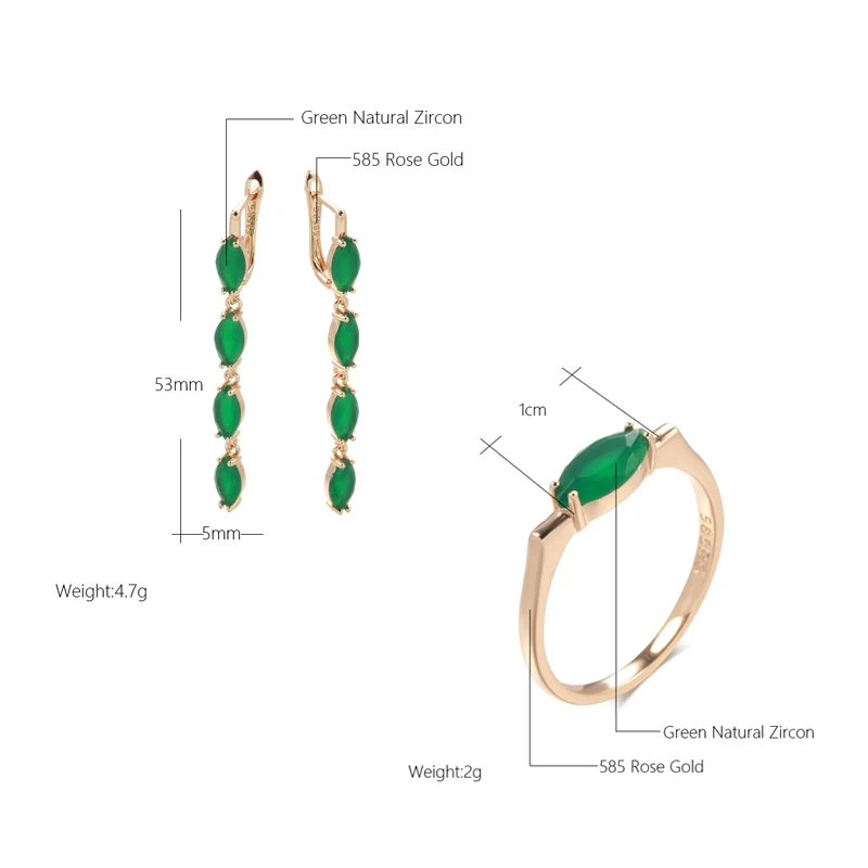 Luxury Emerald Green Zircon Long Tassel Dangle Earrings Ring Set For Woman 585 Rose Gold Fashion Jewelry Party Wedding Set Gift