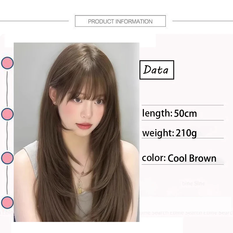 ブラウンブラックウィッグ女性シミュレーションヘア高レベルロングヘアエアナチュラルフレンチ前髪繊維合成かつら女性のための