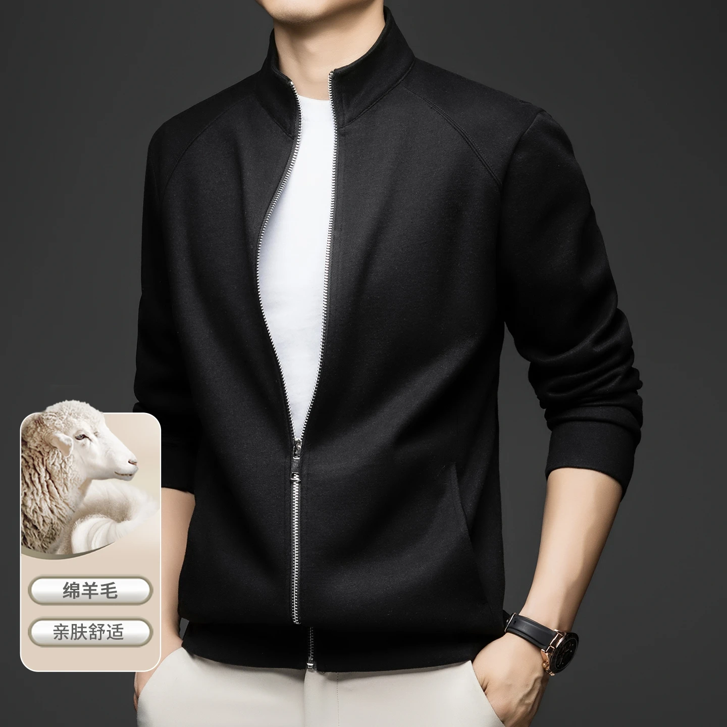 Spring and Autumn Wool Fashionable and Stylish Stand-Up Collar Coat for Men, Pure Color, High-Quality, Medium-Length, Mid-Aged J