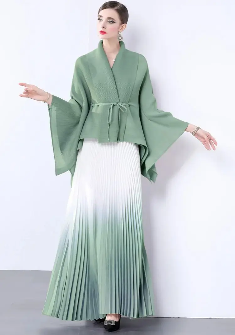 Miyake Gradient Pleated Fashion 2 Pieces Set Women\'s Irregular Belt Bat Sleeve Top + A-Line Long Skirt Elegant Holiday Party Set