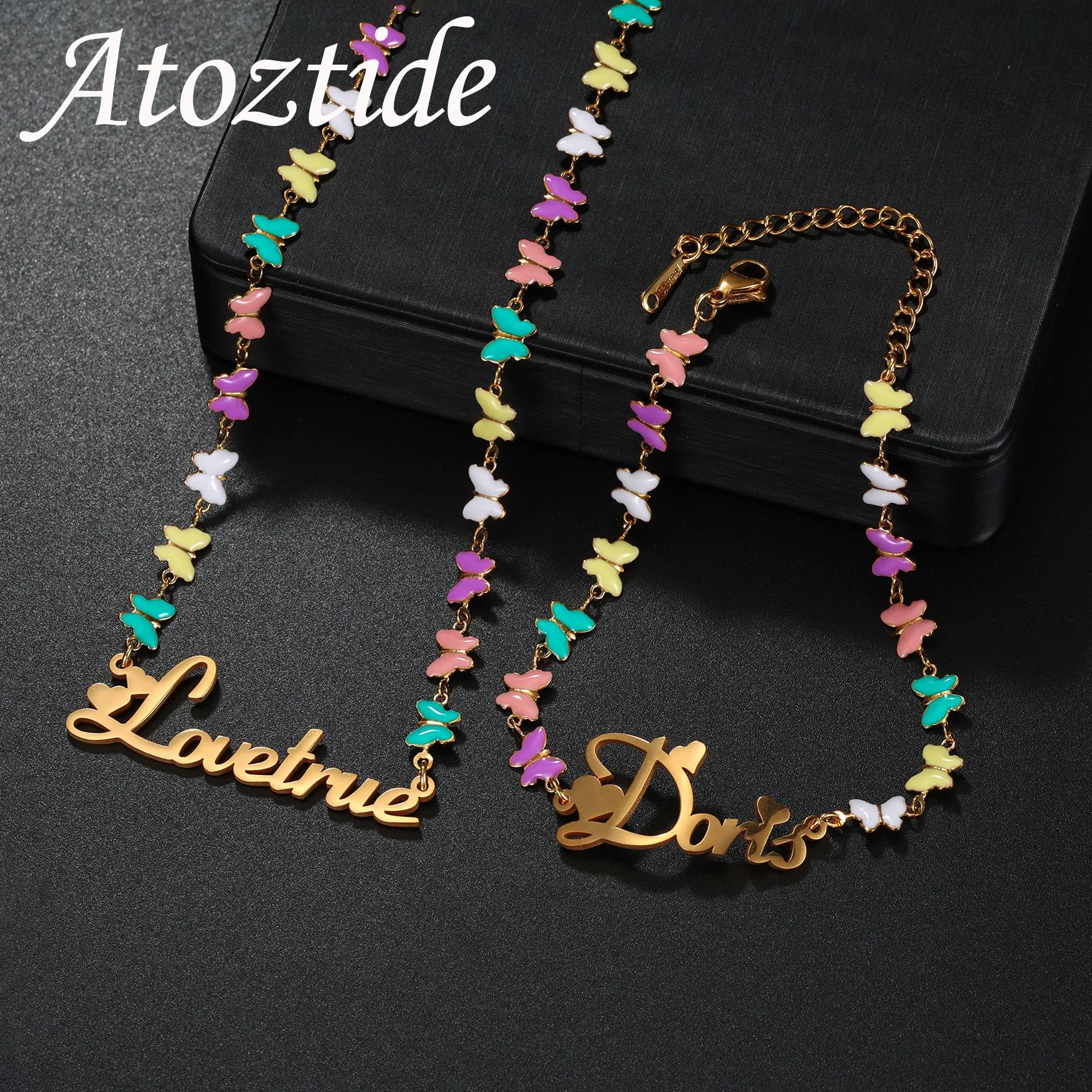 Atoztide Custom Name Necklace Bracelet Jewelry Set with Color Oil Butterfly Chain Stainless Steel Personalized Birthday Gift