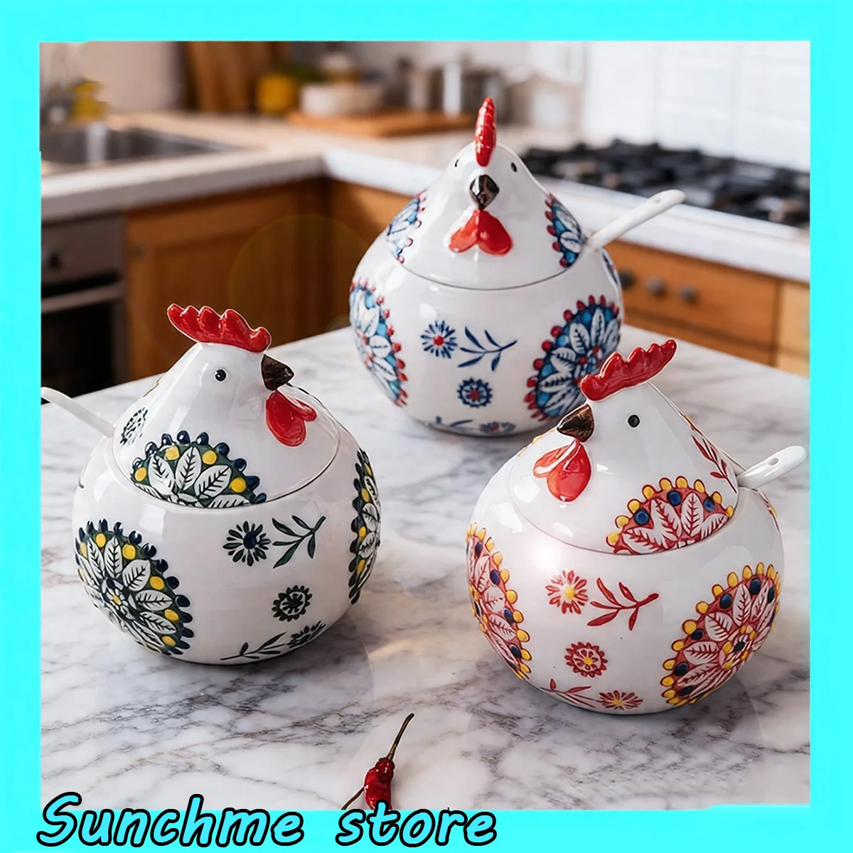 

Керамическая банка для соли и специй в форме курицы с крышкой и ложкой, креативный контейнер для приправ, емкость для перца и соли, кухонные принадлежности