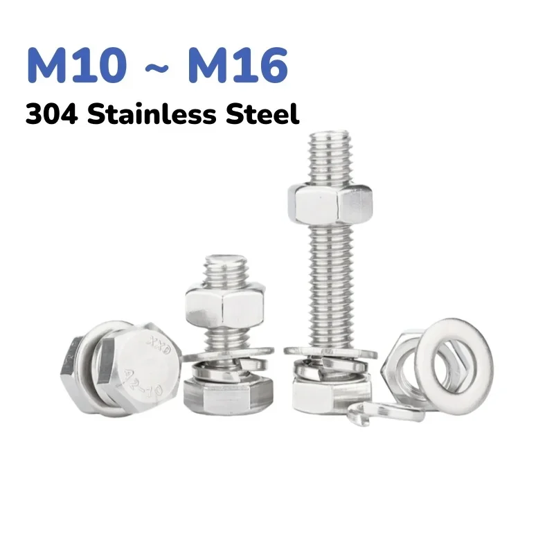 304 Stainless Steel Hex Bolt Nut Washer Kit M10 M12 M14 M16 Hexagon Fastener Set