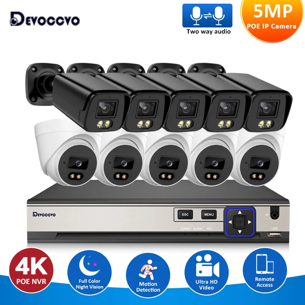 

8-канальный 5-мегапиксельный комплект камер видеонаблюдения с POE, цветной комплект камеры ночного видения, 2-сторонний аудио, IP-камера, комплект H.265 4K CCTV NVR, 10 каналов, 4 канала