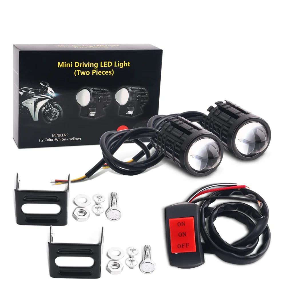 2PCS Universal Motorcycle LED Headlight Projector Lens Dual Color ATV Scooter Driving Lamp Fog Light Auxiliary Spotlight Lamp