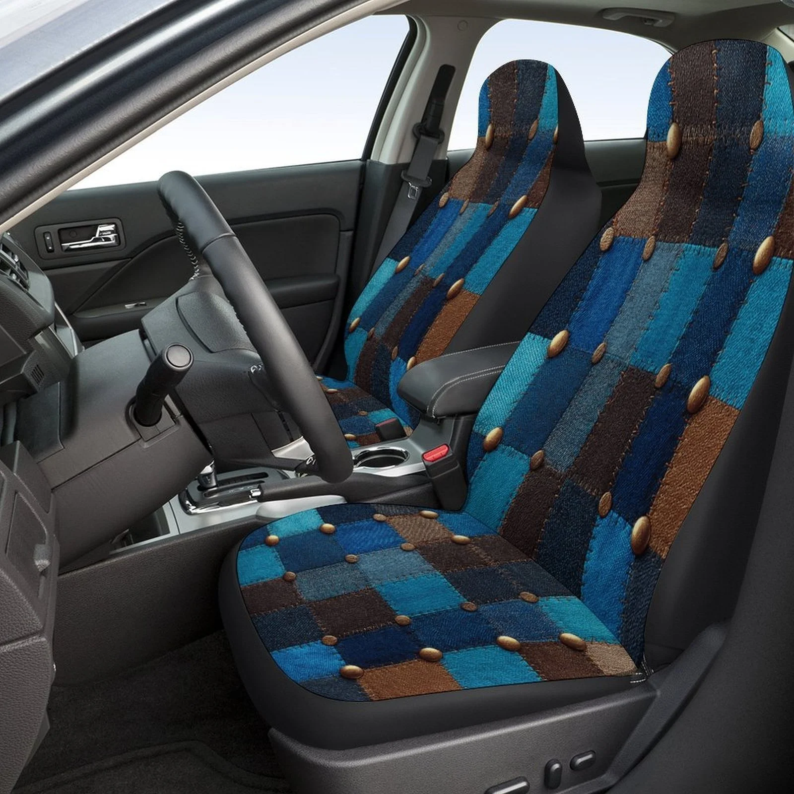 Set Of Car Seat Covers Featuring A Blue Patchwork Design, Suitable For Various Vehicles. Stylish And Unique, This Complete Set I