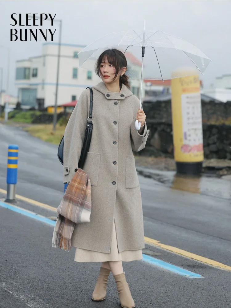 

Элегантное женское шерстяное пальто с капюшоном, двустороннее шерстяное пальто, длинная куртка ручной работы, свободная теплая верхняя одежда для повседневной или офисной одежды