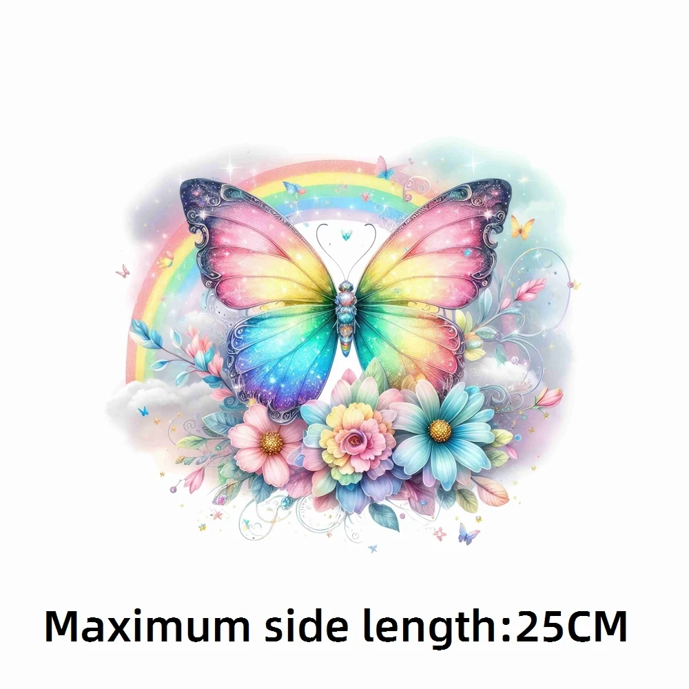 25cm Rainbow Colorful Flower Butterfly Iron-On Transfers Sticker For T-Shirts DIY Washable Heat Transfer For Clothes Stickers