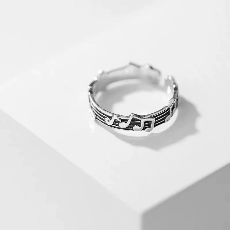 

S925 Sterling Silver Retro Note Five Line Sheet Music Ring Opening Personality Tail Ring Girlfriends Couple Pair Ring Tide