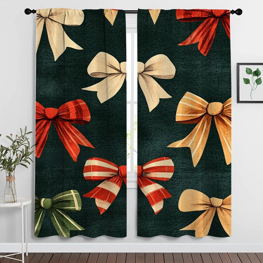 2PCS Christmas Curtains, Green Bows Red Gold, Digital Print, Bedroom Living Room Kitchen, Rod Pocket Polyester, Home Decor