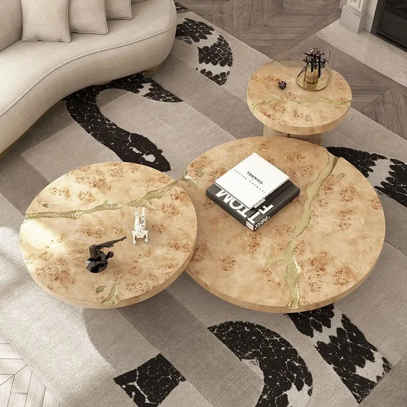 Light luxury round solid wood coffee table special-shaped crack coffee table tree pomegranate leather tea table