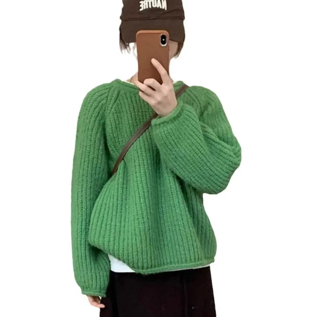

Women's Thick Wool Knitwear Lazy Style Curled Design Loose Lantern Sleeve Slim round Neck Autumn Winter Fashion Top