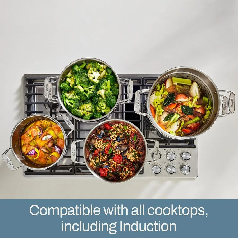 وعاء متعدد من الفولاذ المقاوم للصدأ سعة 8 لتر مع إدخال وغطاء، وعاء من الفولاذ المقاوم للصدأ، تحريض، مقلاة آمنة للفرن 600F، احترافية #5