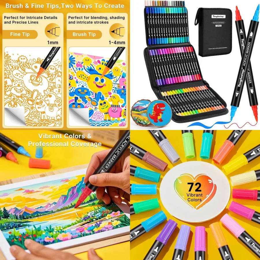 

72 Colors Acrylic Paint Markers Dual Tip for Rock Painting Wood Canvas Stone Glass Ceramic DIY Crafts Art Supplies with Brush T