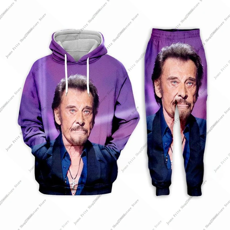 Johnny hallyday 3d impressão calças com capuz terno masculino casual moletom pulôver masculino conjunto de treino moda roupas masculinas 2 pçs ternos