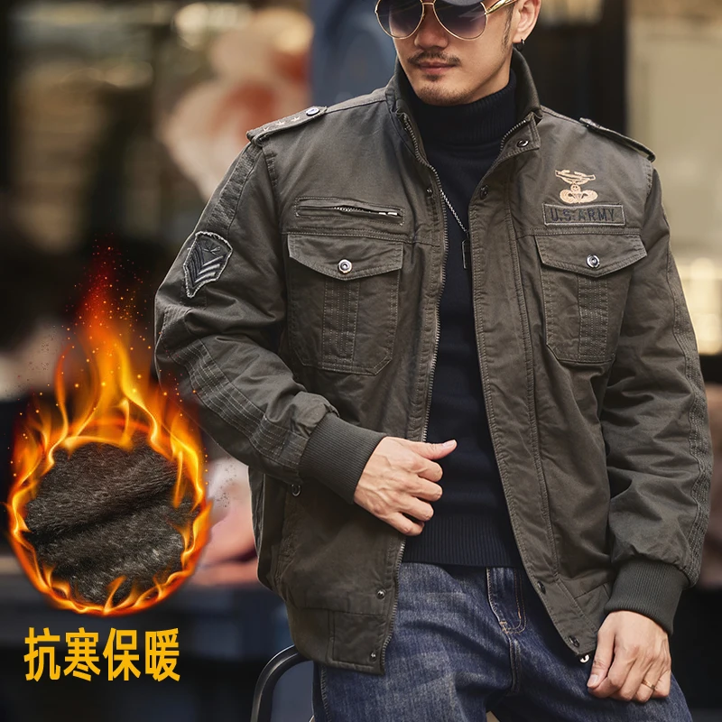 

Vintage American Style Fleece-Lined Work Jacket For Men Thickened Cotton Coat Casual Stand Collar Flight Jacket Trendy Brand