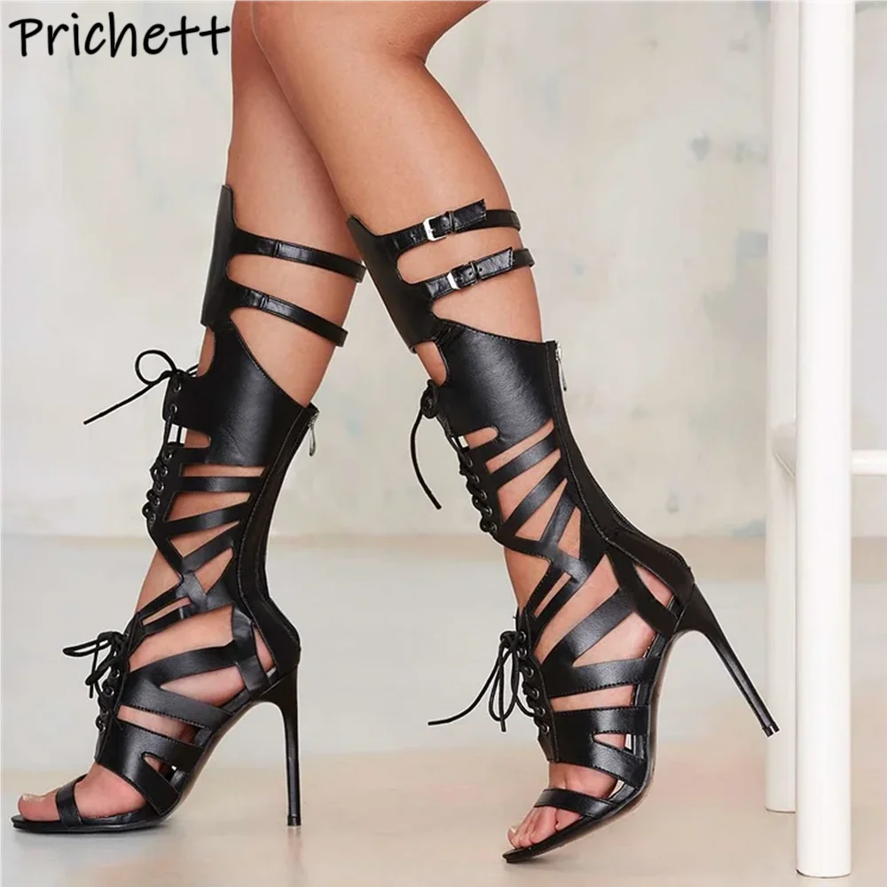 

Hollow Buckle Strap Sandals Boots Cross Tied Black Straight Strap Lace Up Shoes Summer Runway Sexy Leather Fashion Boots 2025