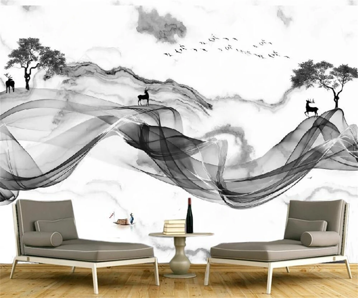 

Custom size mural jazz white marble background wall decoration painting Moose landscape TV background wall mural 3d wallpaper