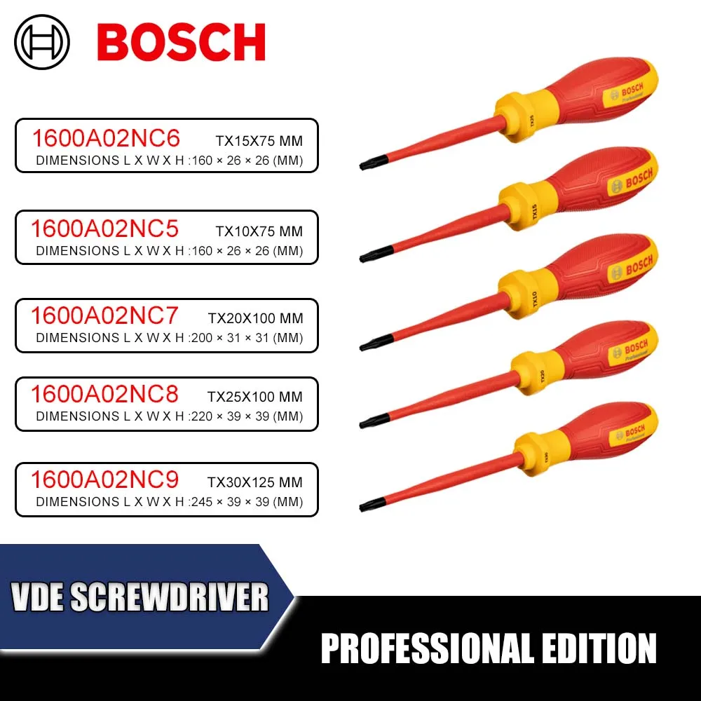 BOSCH 1600A02NC5 1600A02NC8 1600A02ND0 VDE Screwdriver TX10x75/TX15x75/TX20x100/TX25x100/TX30x125/TX40x125mm Professional