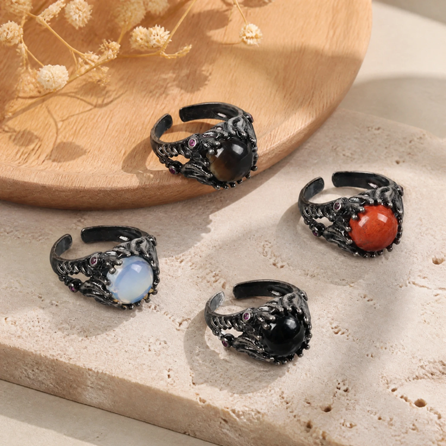 Gothic Vintage Black Dragon Claw Adjustable Rings for Women Men Punk Natural Stone Amethyst Opal Obsidian Witchy Jewelry Gift view 5