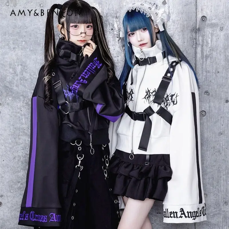 

Japanese Harajuku Style Gothic Print Stand Collar Patchwork Loose Sweatshirt Mine Series Mass-Produced Subculture Oversized Coat