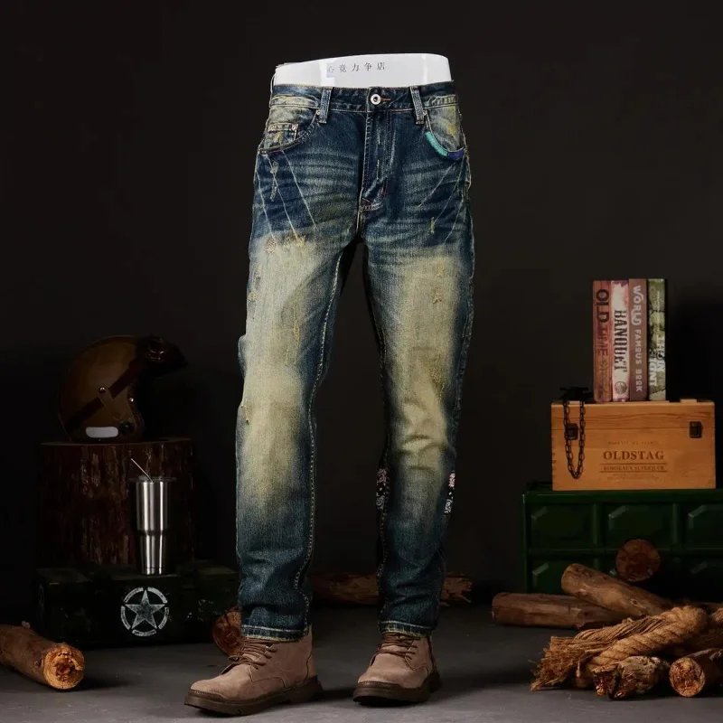 Vintage American Heavyweight Denim Jeans for Men, Distressed & Ripped Design, Street Style Fashion Slim Straight Fit Retro Casua