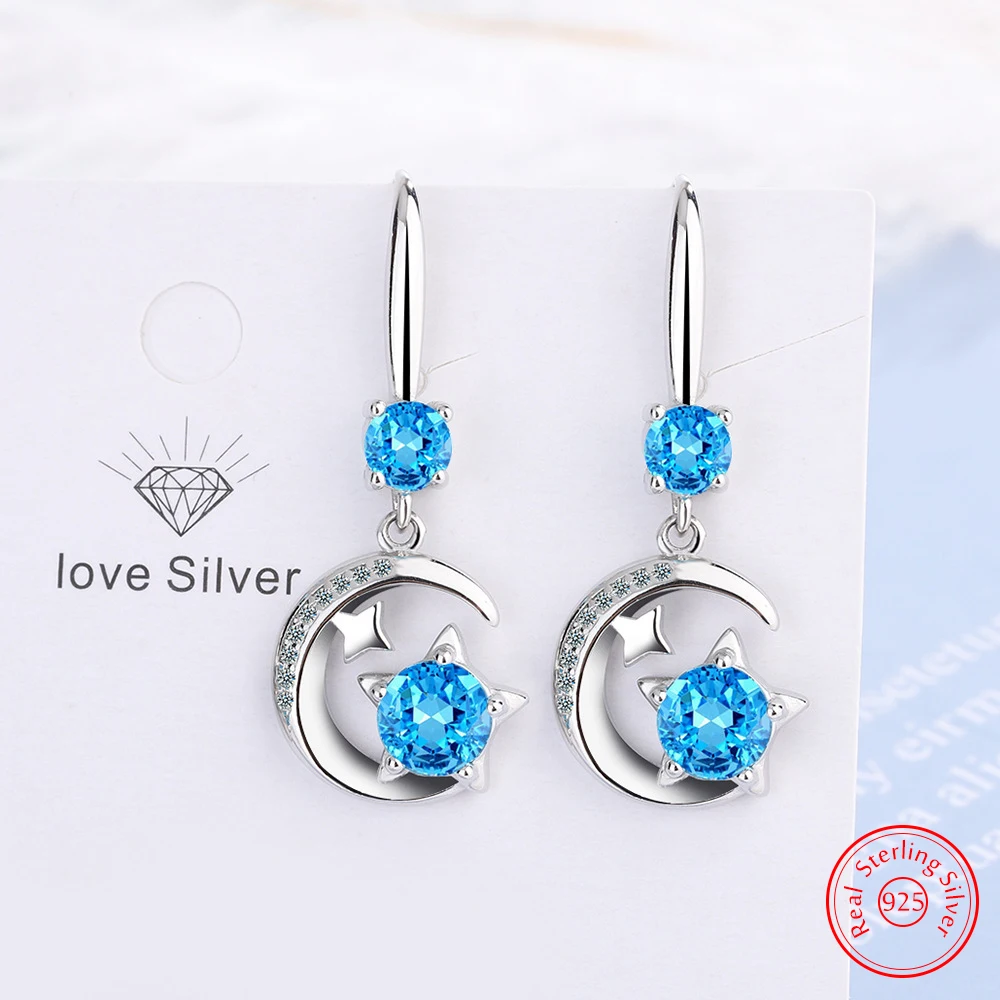 

New Jewelry Women 925 Sterling Silver Zircon Crystal Moon Star Drop Earrings Fashion FQL25065